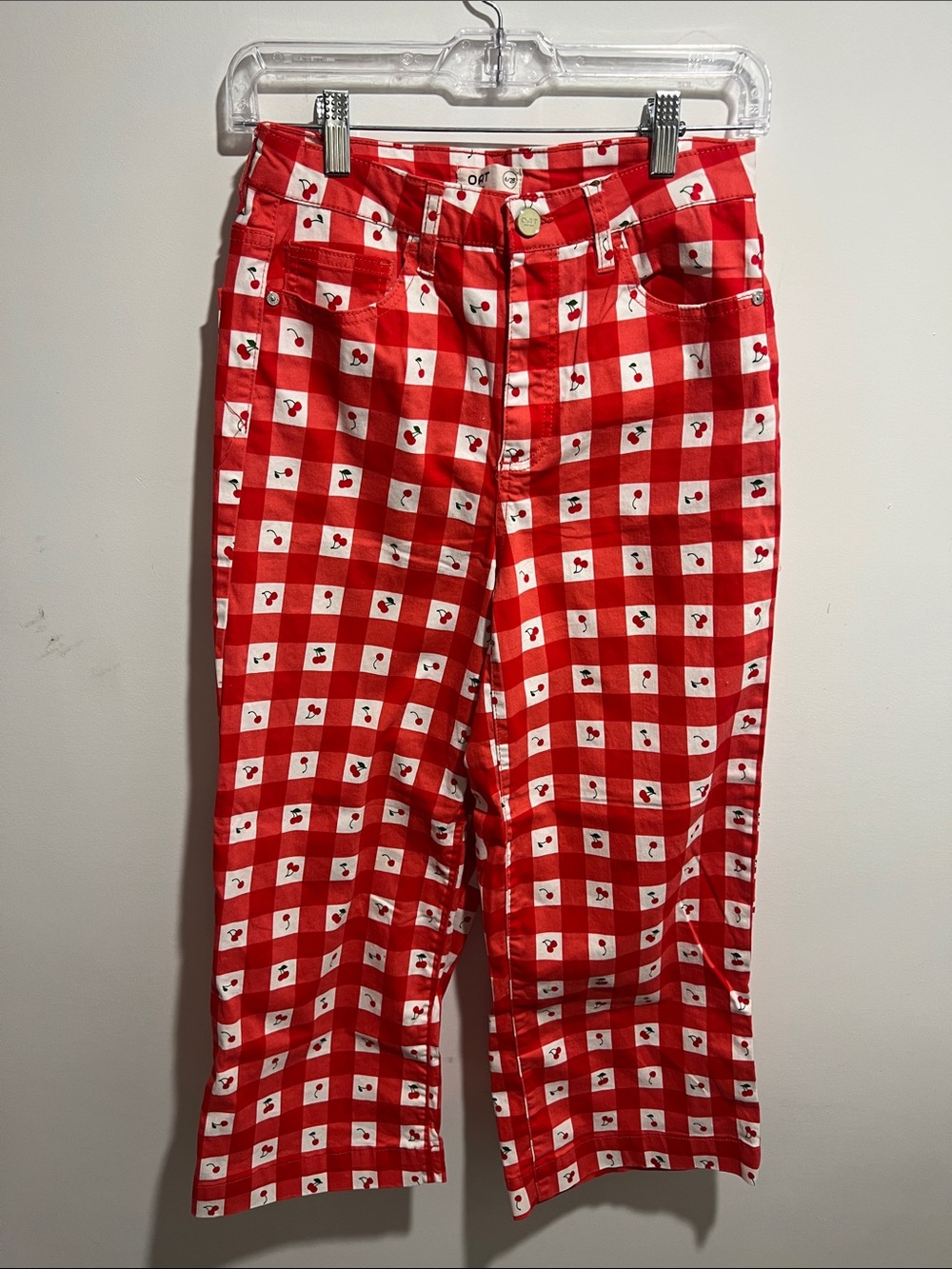 Oat New York Red Gingham Cherry Print Pants Size 6